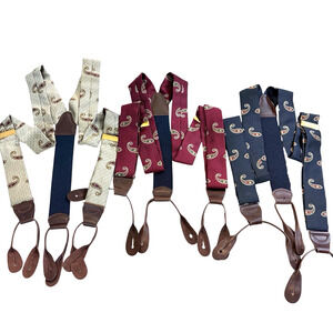 VTG RED BLUE TAN Paisley Leather Button Suspenders Solid Brass Clasps Lot Of 3
